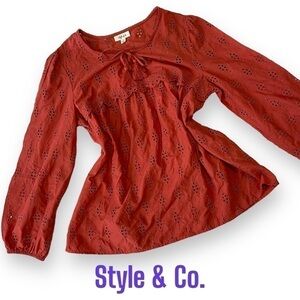Style & Co Women’s Eyelet Tassel Blouse, Burnt Orange-  Size Large